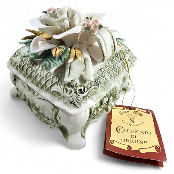 Casa Elite Capodimonte Porcelain Trinket Box Floral Top Vintage Italy Style - Picture 2 of 10